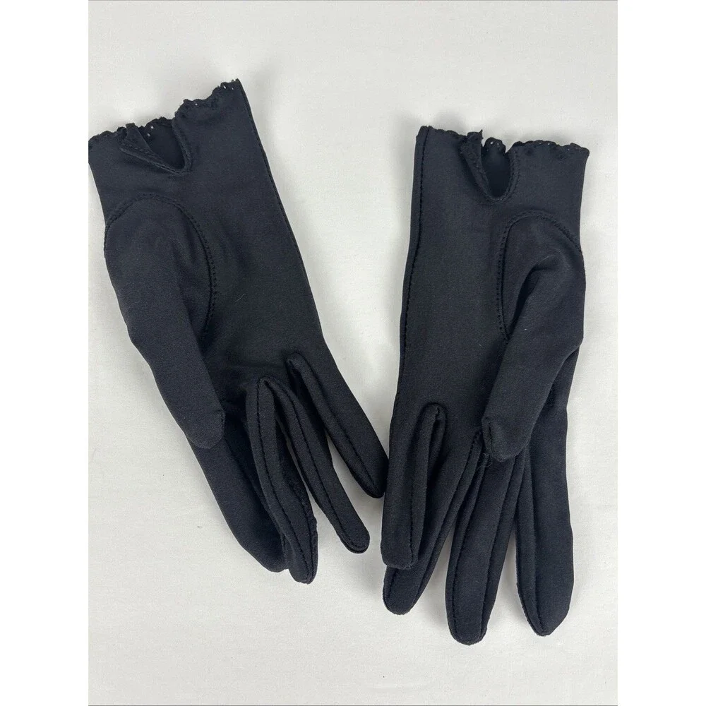 VTG Aris Isotoner Fancy Gloves Black Broderie Anglaise Embroidered One Size